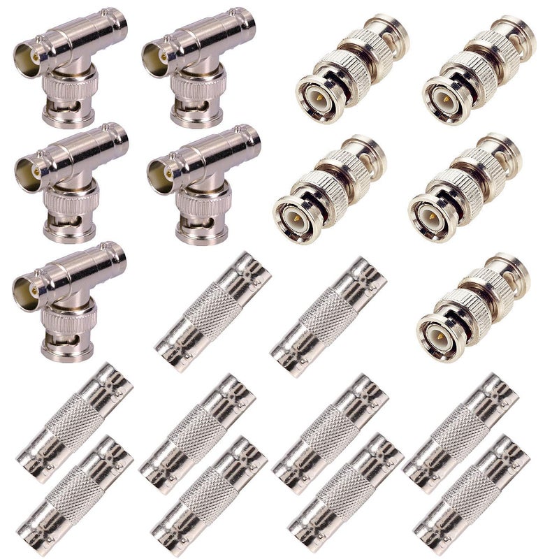 BeElion 20-Pack BNC Connector Kit - 5 M/M, 10 F/F, 5 T-Type Adapters - 75 Ohm Nickel-Plated Brass for CCTV Surveillance Cables, Satellite TV & Antenna Systems - Easy Tool-Free Installation - Image 1